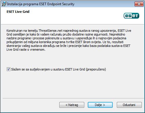Mogućnost Slažem se sa sudjelovanjem u sustavu ESET Live Grid koja aktivira ovu značajku