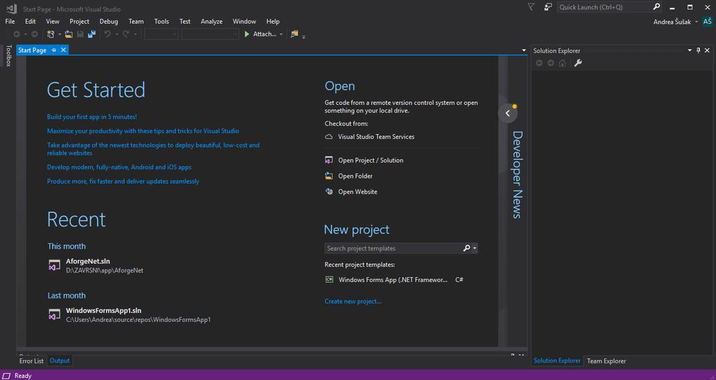 Slika 3.2. Sučelje Microsoft Visual Studia 3.2. AForge.NET Aforge.Net je C# okvir otvorenog izvornog koda, dizajniran za razvoj i istraživanje na području računalnog vida i umjetne inteligencije.