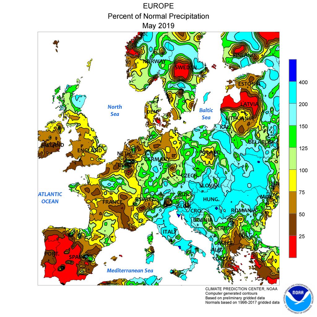 Са слике одступања падавина од просека за целу Европу може се видети да су се обилне падавине јавиле у пределима