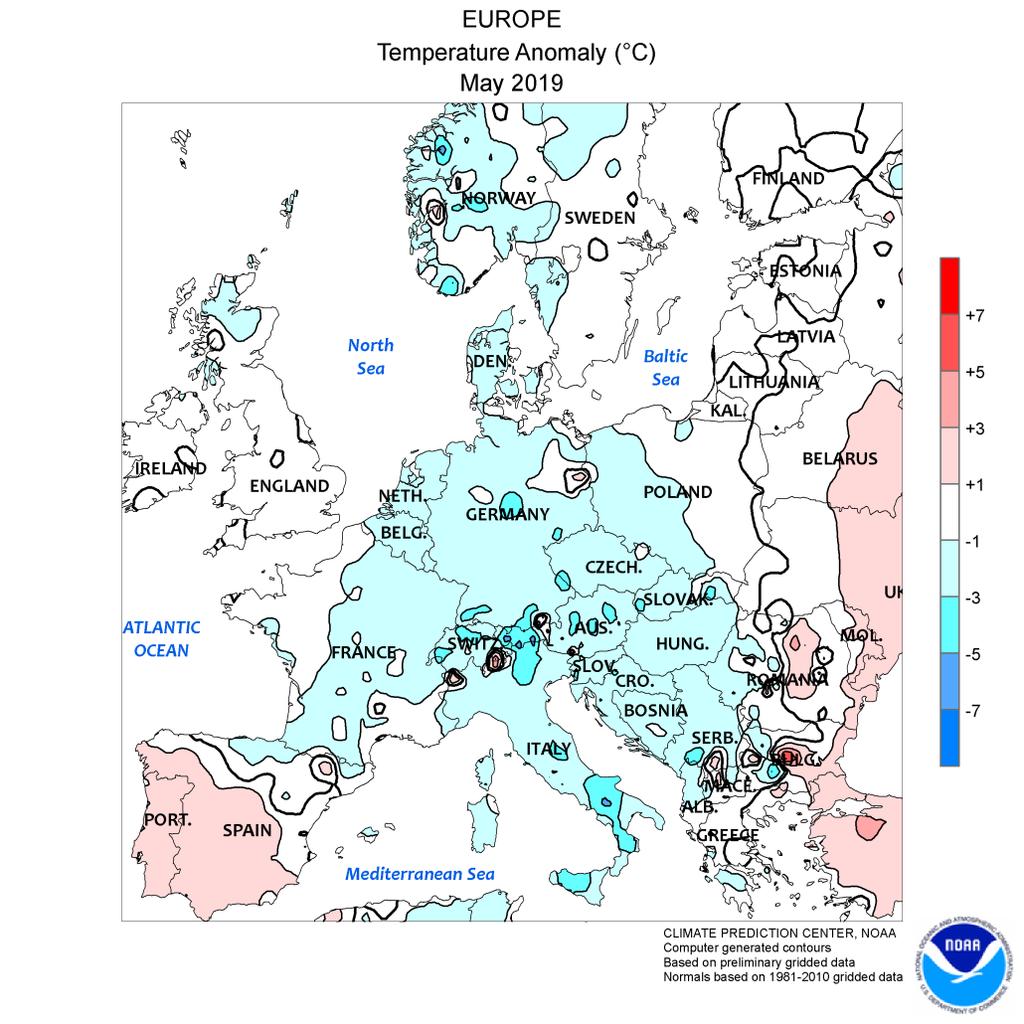 Са слике одступања средње месечне температуре од просека за Европу види се неуобичајена појава: у