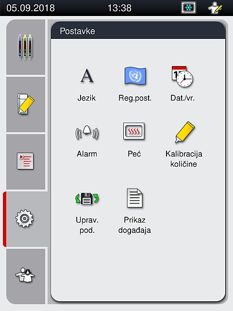 5 Rad 5.8 Osnovna podešavanja Meni Postavke ( Sl. 29 ) se otvara pritiskom na simbol zupčanika ( Sl. 29). U ovom meniju se mogu konfigurisati osnovna podešavanja uređaja i softvera.
