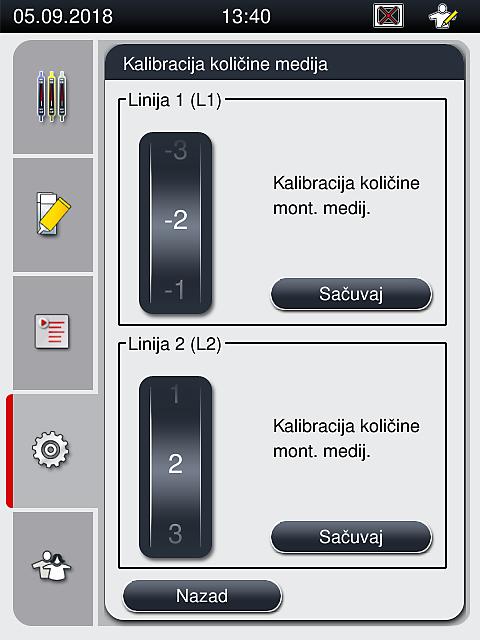 Rad 5 Podešavanje količine nanošenja putem režima supervizora. Otvorite meni Postavke ( Sl. 29 ) i pritisnite dugme Kalibracija količine. 2. Možete podesiti količinu nanošenja okretanjem odgovarajućeg valjka ( Sl.