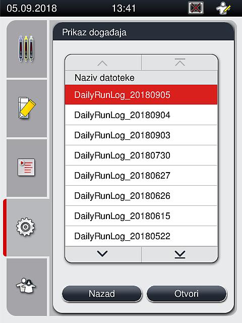 Rad 5 5.8.8 Prikaz događaja Potreban nivo pristupa: Standardni korisnik, supervizor Posebna datoteka evidencije se kreira za svaki dan kada je uređaj uključen.