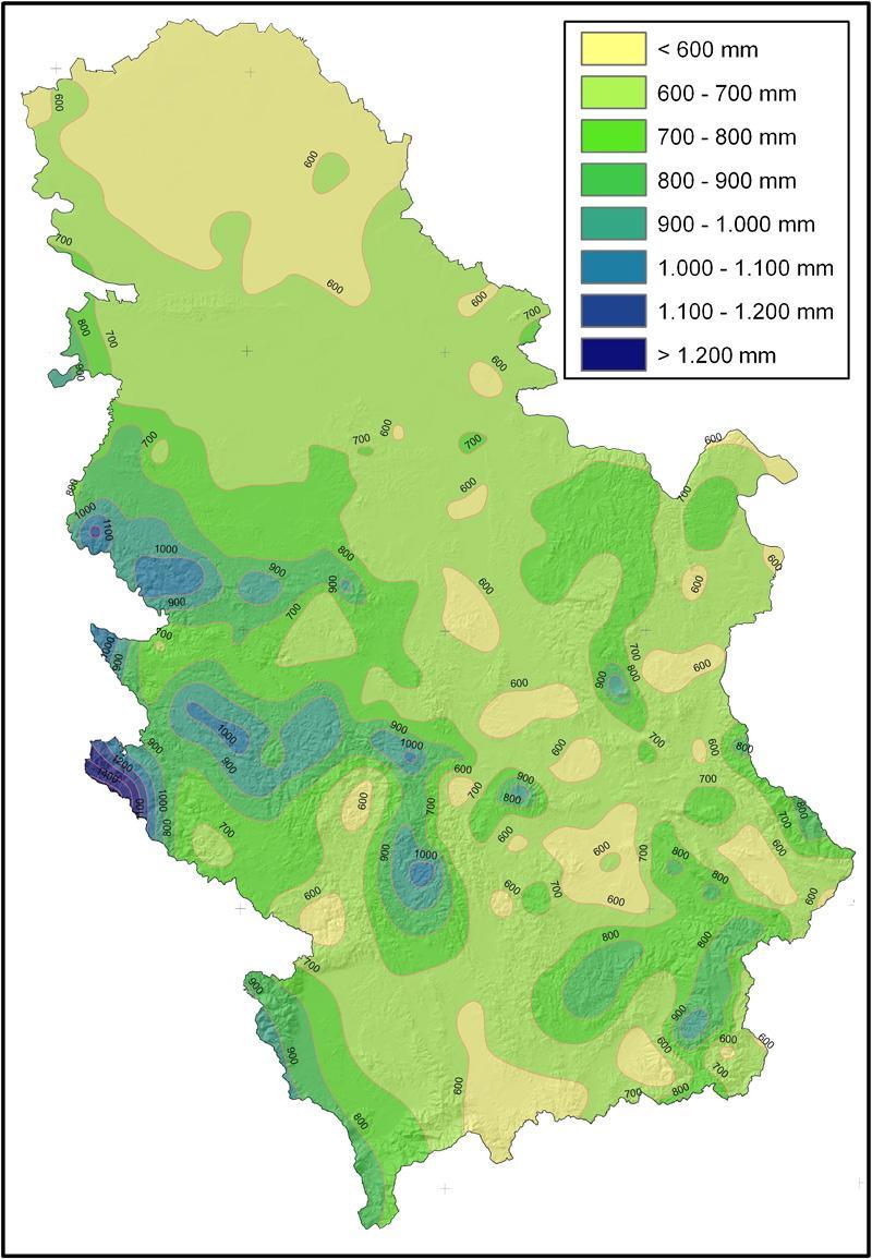 Srednja godišnja količina padavina na teritoriji Republike Srbije u višegodišnjem periodu varirala je od lokaliteta sa padavinama koje su niže od 600 mm do lokaliteta sa padavinama koje su više od