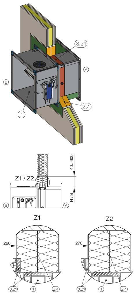 Opšte informacije o ugradnji sa protivpožarnom pločom Rastojanje od prirubnice na strani za opslužiavanje do zida ili plafona mora da iznosi između 260 mm i 270 mm.