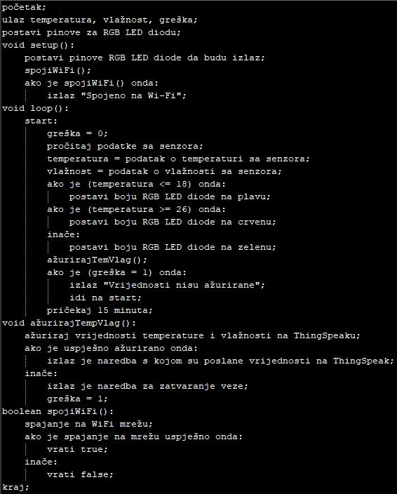 odgovarajuća boja RGB LED diode i šalju vrijednosti temperature i vlage na ThingSpeak.