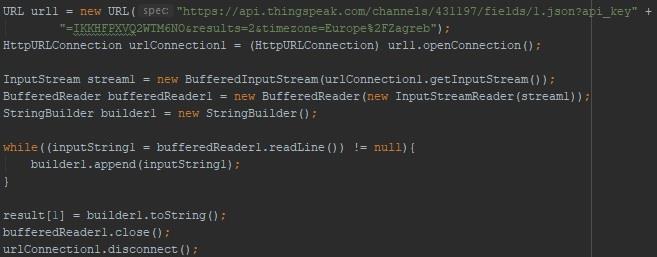 Slika 5.6. Dio koda koji služi za dohvaćanje zadnje dvije vrijednosti temperature s ThingSpeaka 5.2.2.2. Prikaz vrijednosti temperature i vlažnosti u aplikaciji Slika 5.