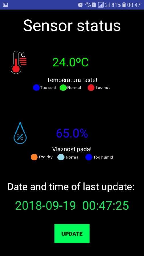 Slike 6.6 i 6.7 prikazuju izgled mobilne aplikacije i ThingSpeak kanala kada je vrijednost temperature unutar dozvoljenih granica.