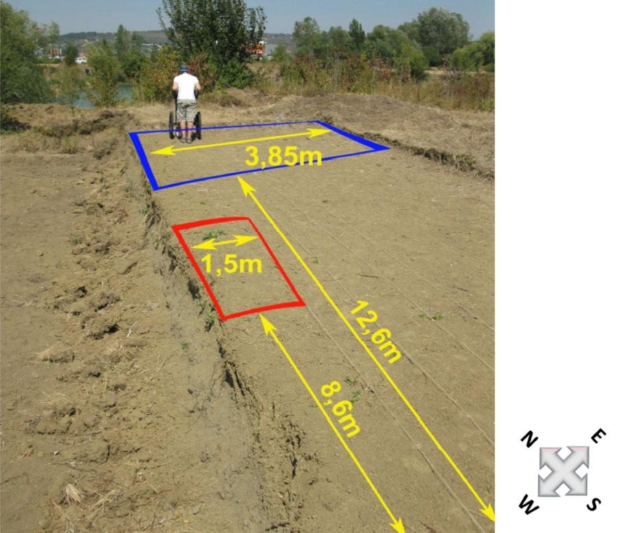 3 Slavonski Brod, Galovo, position and dimensions of the southern (larger) structure probably a grave pit in sq. K/4 and J/4, documented by GPR survey (Geounda projekt d.o.o. from Zagreb) Sl. 4 Fig.