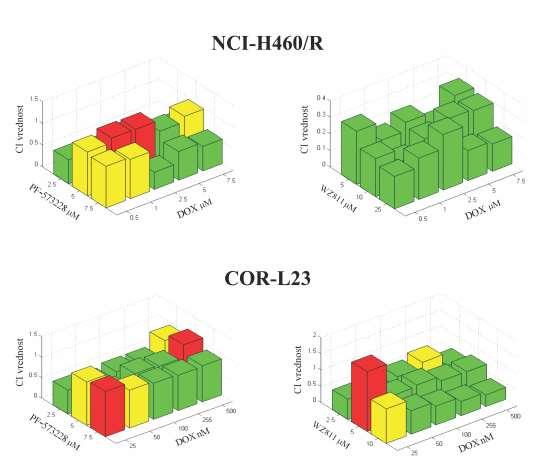 Izračunavanjem kombinacionog indeksa utvrđeno je da inhibitori u kombinaciji sa DOX-om pri većini koncentracija ostvaruju sinergistički efekat na inhibiciju ćelijskog rasta obe rezistentne ćelijske