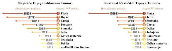 Slika 6. 10 najčešće dijagnostikovanih tumora i 10 tumora najčešćih uzroka smrti od malignih oboljenja. (Preuzeto i modifikovano prema http://2016.igem.org/team:nju-china/test.