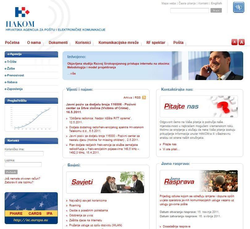 hr što će Vas dovesti na naslovnicu HAKOM web mjesta (Slika 1): Slika 1: Naslovnica HAKOM web mjesta (www.hakom.