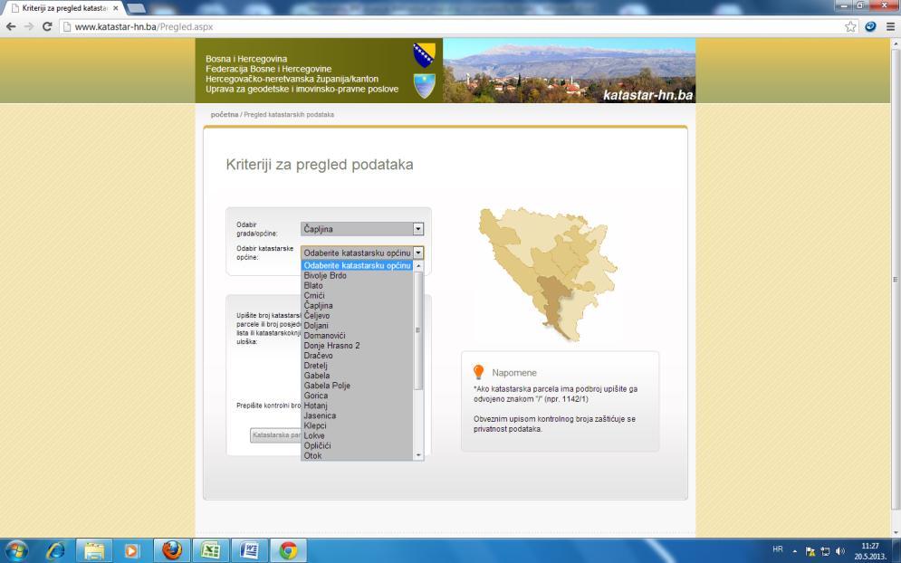 Slika 6. Način pretraživanja katastarskih podataka 6.1.2.5 GIS portal Zapadnohercegovačke županije Krajem 2012.