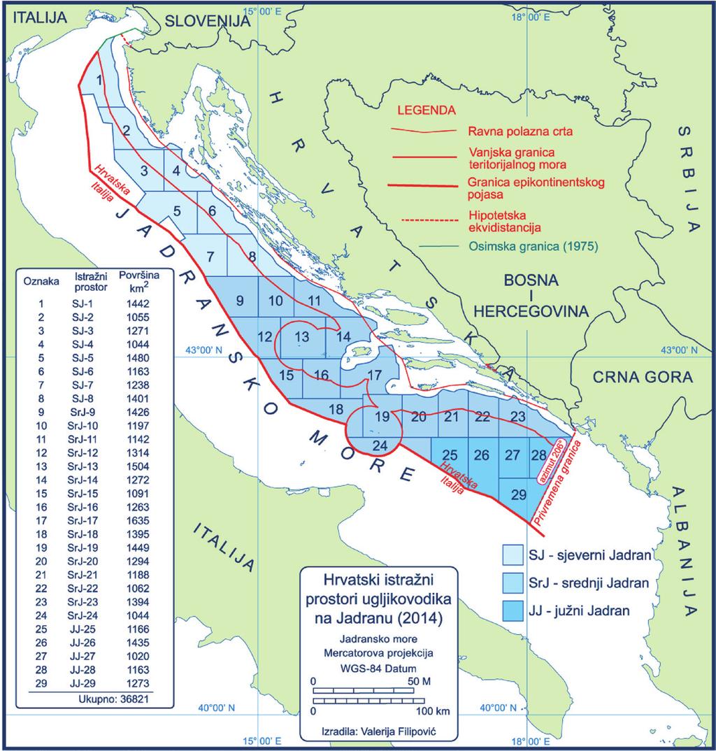 7. Prvo javno nadmetanje za izdavanje dozvola za istraživanje i eksploataciju ugljikovodika na Jadranu, Vlada Republike Hrvatske je objavila 27. ožujka 2014. Određeno je ukupno 29 istražnih prostora.