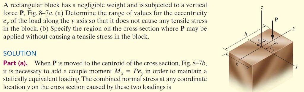 Prostorno stanje napona Kombinovana opterećenja (pomjeranje neutralne ose, jezgro presjeka) Primjer 3.3: Pravougaoni blok zanemarive težine izložen je vertikalnom silom kao na slici.