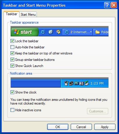 master:class Windows kompjuterski centar ----------- Podešavanje Taskbar-a vrši se na sledeći način: desni klik na Taskbar (ne na Start ili sat) Properties (Slika 2.