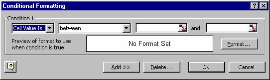 Slika 95. Conditional Formatting Dialog Box Kliknite na Add>>. U Dialog box-u se pojavljuje još jedan red za sastavljanje novog uslova.
