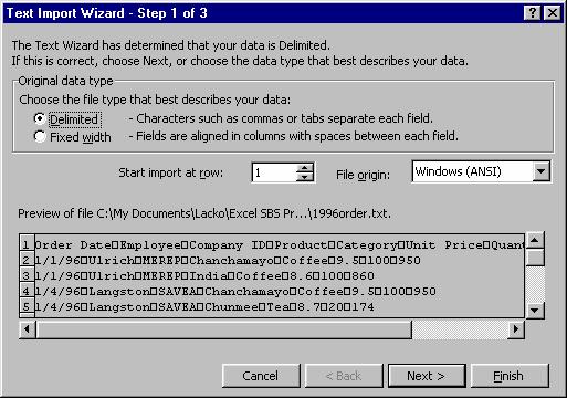 Slika 102. Wizard koji Vas vodi kroz proceduru uvoza tekstaulnog dokumenta Proverite da li je izabrana opcija Delimited i da li u polju Start import at row stoji 1, pa kliknite na Next.