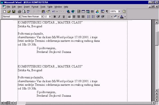 master:class Win Basics kompjuterski centar Sada je potrebno još izvršiti proceduru za kopiranje pri čemu ćemo pratiti sledeće korake: 1) Selektovati ceo dokument 2) Pritisnuti desni taster miša i
