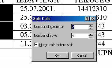 Za deljenje jedne (ili više) ćelija najpre je potrebno selektovati ih, a zatim izabrati opciju Table Split Cells glavnog menija ili Split Cells pomoćnog menija, pri čemu se na ekranu otvara dijalog