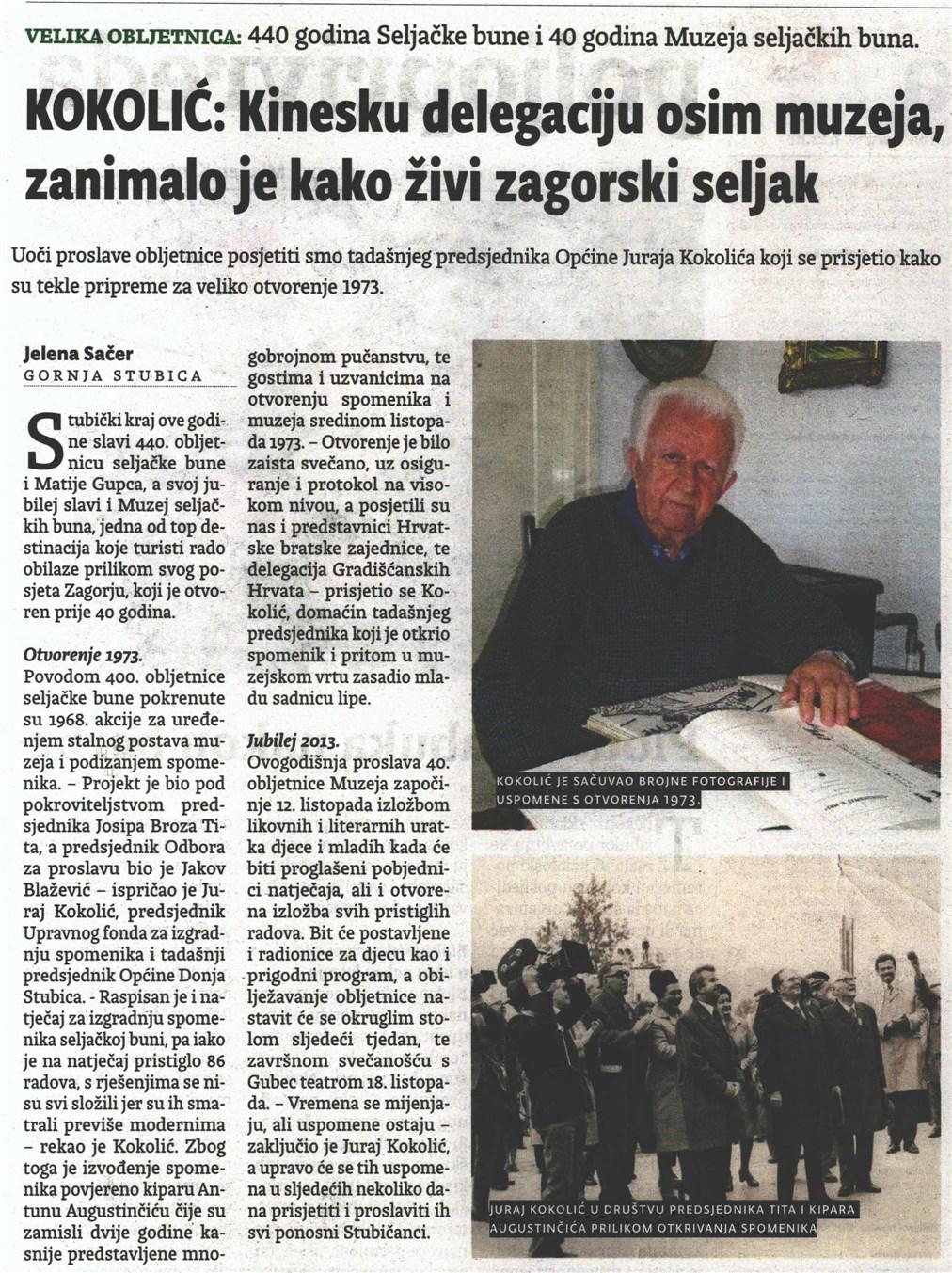 8.10.2013 Zagorsk lst 21 KOKOLIĆ: Knesku delegacju osm muzeja, zanmalo je kako žv zagorsk seljak Jelena Sačer Rubrka/Emsja: Županja Žanr: zvješće Površna/Trajanje: 406,99 Naklada: 7.