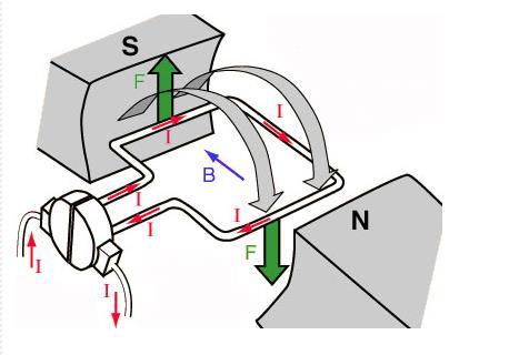 se javlja magnetno polje. Sile koje se javljaju na rotoru i statoru imaju isti iznos i suprotan predznak, djeluju na svitak te stvaraju moment: M = F d (2-
