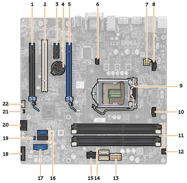 Komponente matične ploče Slika 1. Komponente na matičnoj ploči 1. Utor kartice PCI Express x16 (ožičen kao x4) 2. PCI utor 3. utor PCIe x1 4. baterija na matičnoj ploči 5.