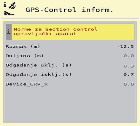 4 Upravljanje AXIS EMC ISOBUS 4.4.11 GPS-Control Info Izbornik GPS-Control inform. sadrži informacije o izračunatim postavkama u izborniku Izračun OptiPoint.