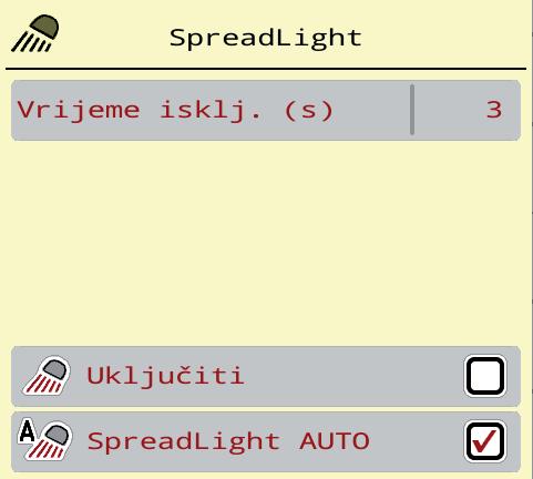 Upravljanje AXIS EMC ISOBUS 4 4.10 Radna svjetla (SpreadLight) U ovome izborniku možete aktivirati funkciju SpreadLight i nadzirati uzorak rasipanja i u noćnom načinu rada.