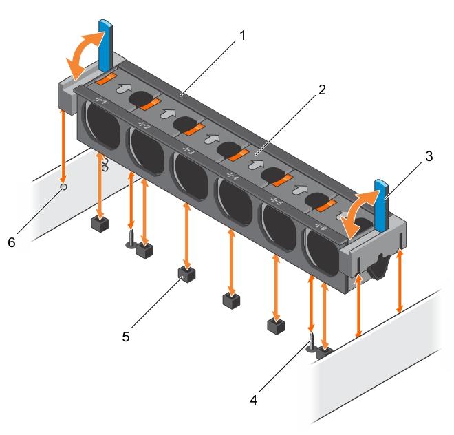 Slika 15. Uklanjanje i ugradnja sklopa ventilatora za hlađenje 1. sklop ventilatora za hlađenje 2. ventilator za hlađenje (6) 3. poluga za oslobađanje (2) 4. usmjerni pin na matičnoj ploči (2) 5.