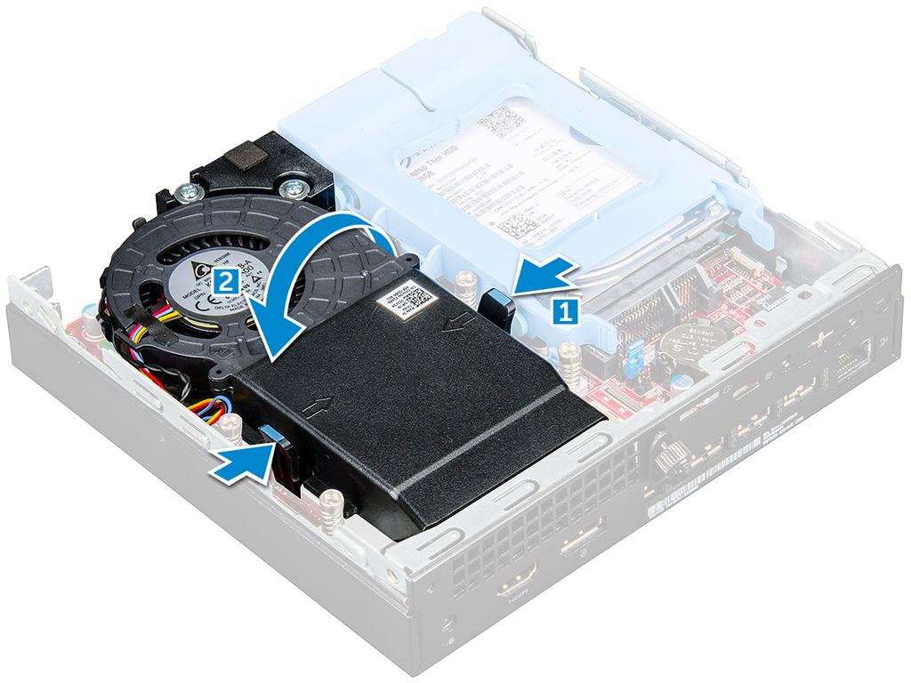 Ugradnja M.2 PCIe SSD kartice 1 Umetnite M.2 PCIe SSD u priključak. 2 Pritisnite plavi jezičak da biste pričvrstili M.2 PCIe SSD. 3 Ugradite: a sklop 2,5-inčnog pogona b pokrov 4 Slijedite upute u odlomku Nakon rada na unutrašnjosti računala.