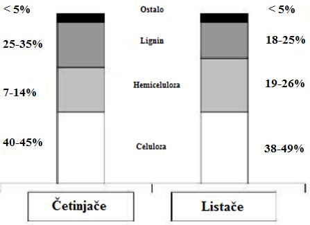 Slika 2.20. Moguća struktura lignina [5] Prosječni kemijski sastav četinjača i listača prikazan je na slici 2.21.