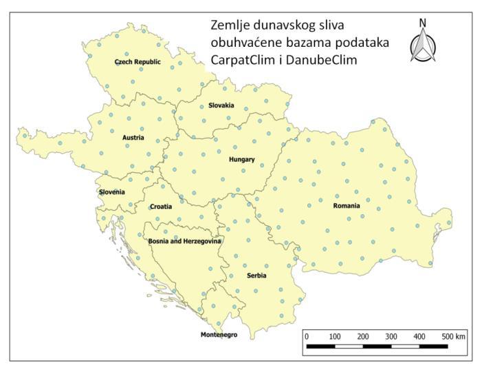 Ovde su od interesa samo podaci o količinama padavina i temperaturama vazduha iz baza CC i DC za teritoriju Srbije.
