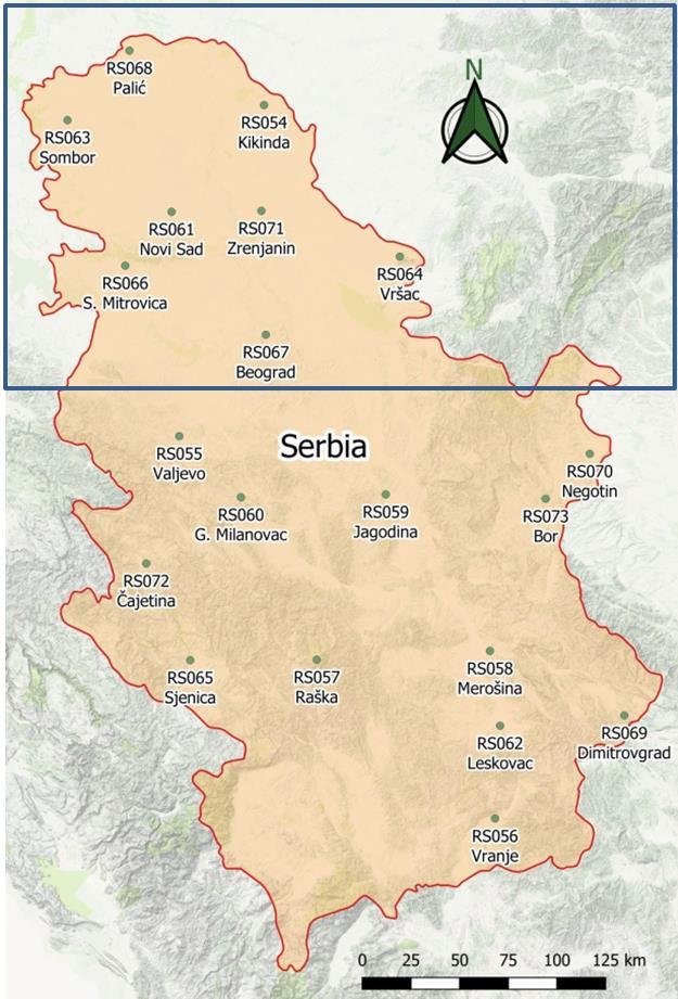 Slika 4. Mapa Srbije i lokaliteti za računanja i prikaze Figure 4. Map of Serbia and grid points used for computations and mapping.