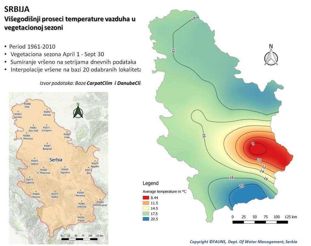 PRILOG B / APPENDIX B Izolinije višegodišnjih proseka temperatura vazduha u vegetacionoj sezoni za teritoriju