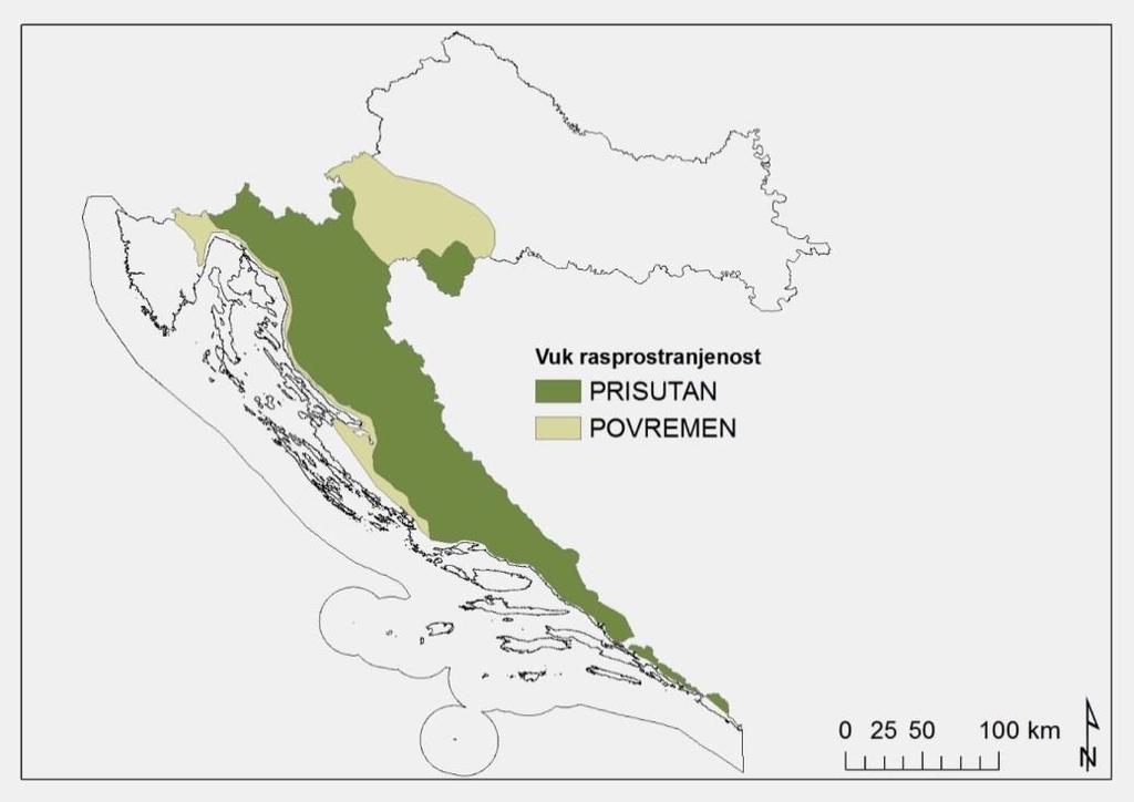 Slika 3. Stalna prisutnost vuka (tamno zeleno) i podruĉja povremenog pojavljivanja (svjetlo zeleno) (Izvor: Jeremić i sur. 20