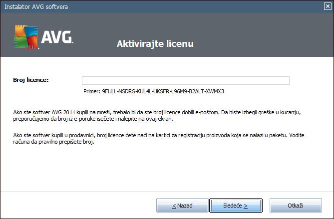 4.2. Aktivirajte AVG licencu U dijalogu Aktivirajte vašu licencu pozivate se da unesete broj vaše licence u ponuđeno tekstualno polje.