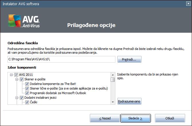 4.4. Opcije prilagođavanja Dijalog Prilagođene opcije omogućava vam da podesite dva parametra instalacije: Odredišna fascikla U okviru Odredišna fasciklaodeljka dijaloga od vas se traži da označite