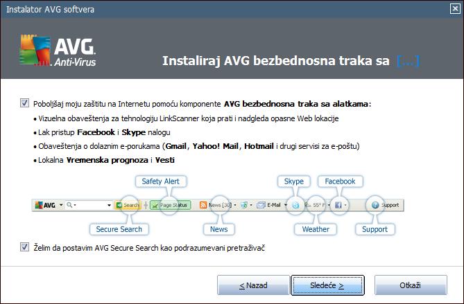 4.5. Instalirajte AVG bezbednosnu traku sa alatkama U dijalogu Instaliraj AVG bezbednosnu traku sa alatkama možete izabrati da li želite da instalirate AVG bezbednosnu traku sa alatkama.