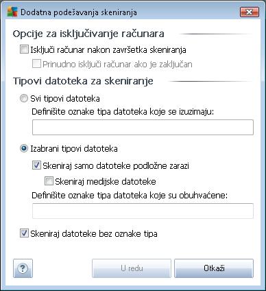 o Opcije za isključivanje računara - odlučite da li želite da se računar automatski isključi kada se pokrenuto skeniranje završi.