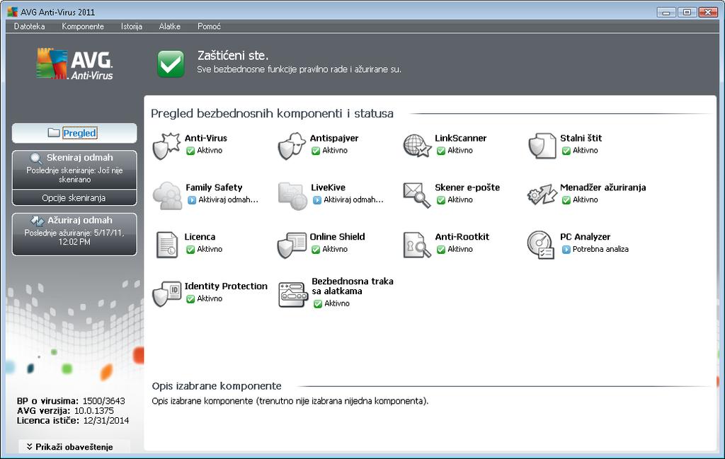 6. AVG korisnički interfejs AVG Antivirus 2011 se otvara sa glavnim prozorom: Glavni prozor je podeljen na nekoliko odeljaka: Sistemski meni (gornja sistemsk a linija u prozoru) je standardni element