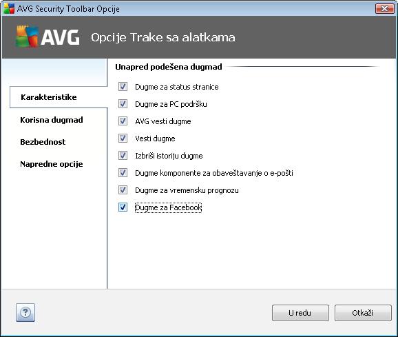 8.2.1. Kartica Opšte Na ovoj kartici možete da odredite koja će se kontrolna dugmad trake sa alatkama prikazivati ili ne na AVG bezbednosnoj traci sa alatkama.