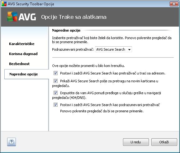 vam da potvrdite izbor u odgovarajućim poljima za potvrdu kako biste AVG bezbednosnoj traci sa alatkama dodelili željenu funkciju: AVG bezbednost pregledača - izaberite ovu opciju kako biste