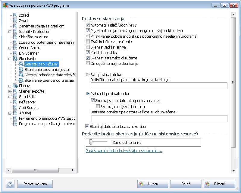 9.8. Skeniranje Napredna podešavanja skeniranja podeljena su na četiri kategorije koje se odnose na određene tipove skeniranja, definisane od strane proizvođača softvera: Skeniraj ceo računar -