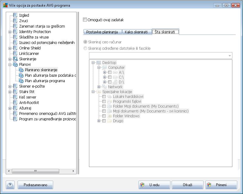 Na kartici Šta skenirati, možete definisati da li želite da zakažete skeniranje celog računara ili skeniranje određenih datoteka ili fascikli.