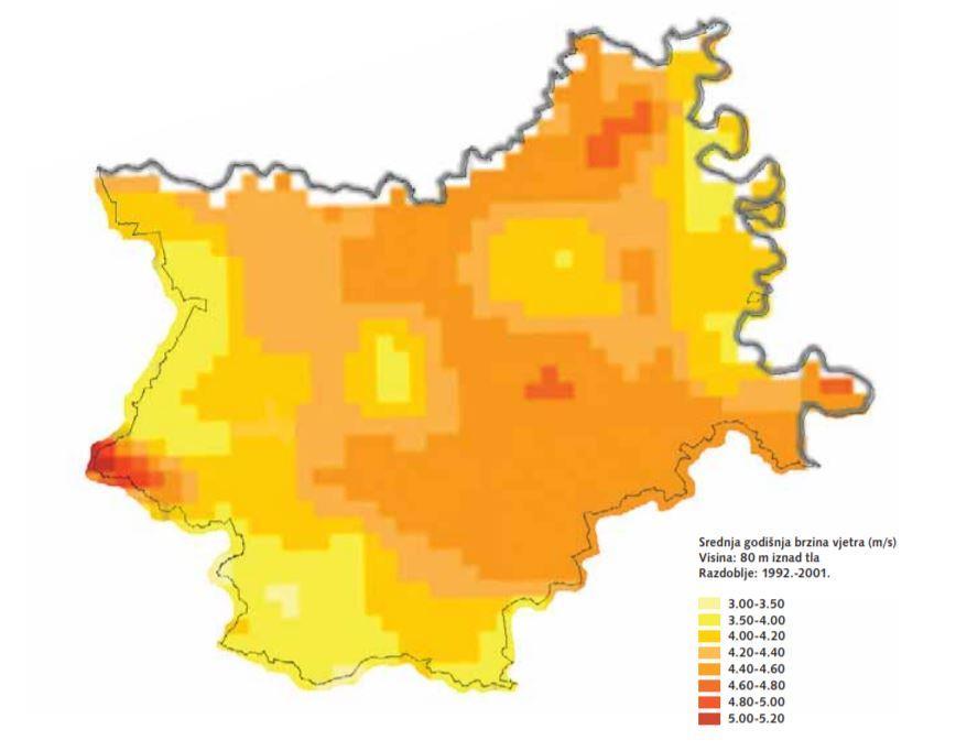 Najveći potencijal energije vjetra u Osječko-baranjskoj županiji (slika 4.1.) može se očekivati u njezinom sjevernom i istočnom dijelu.