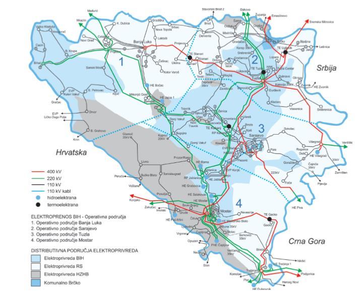 Slika 64: Karta elektroenergetskog sustava Bosne i Hercegovine Izvor: DERK (2016, p. 59) Tablica 4: Osnovna obilježja elektroenergetskog sustava Bosne i Hercegovine OBILJEŽJE VRIJEDNOST (2015.