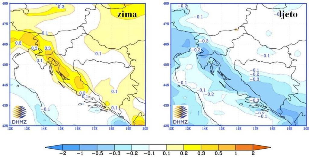 Zimi se može očekivati povećanje oborine u sjeverozapadnoj Hrvatskoj te na Jadranu, međutim to povećanje nije statistički značajno. 11 Slika 5.1-4.
