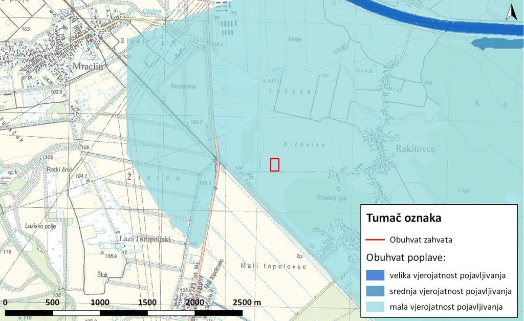 Poplavne površine Lokacija zahvata nalazi se na području proglašenim Područjem potencijalno značajnih rizika od poplava sukladno Prethodnoj procjeni rizika od poplava, Hrvatske vode, 2013.