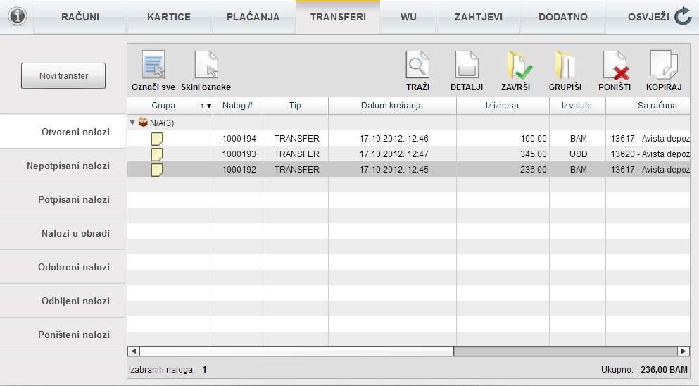 Modul transfera Na slici je prikazan modul za transfere. Modul služi za podršku vršenja transfera sredstava meċu raĉunima i konverziju sredstava.